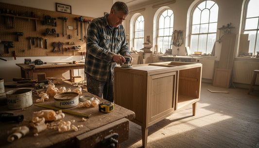 Craftsman finishing oak furniture in studio
