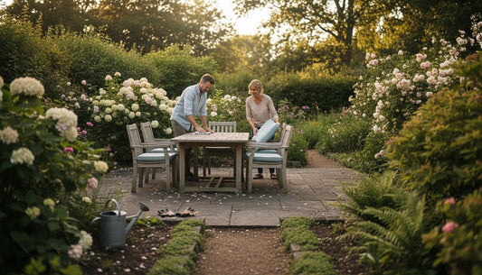 Couple arranging garden furniture on patio