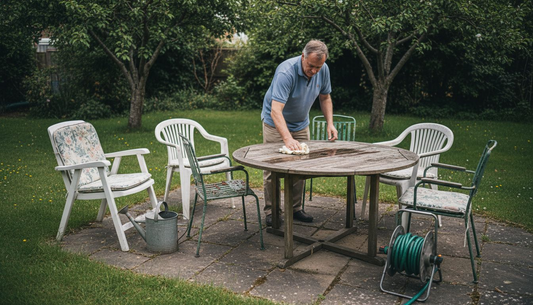 Man cleaning wooden garden table outdoors