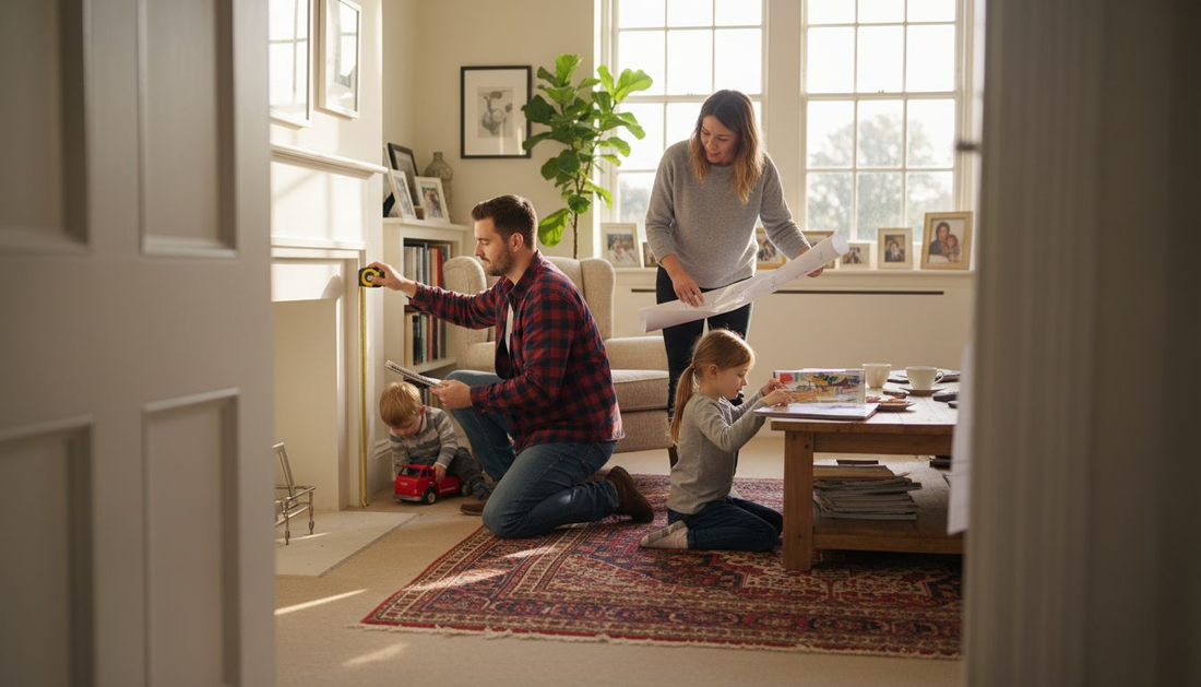 Family considering sofa size in living room