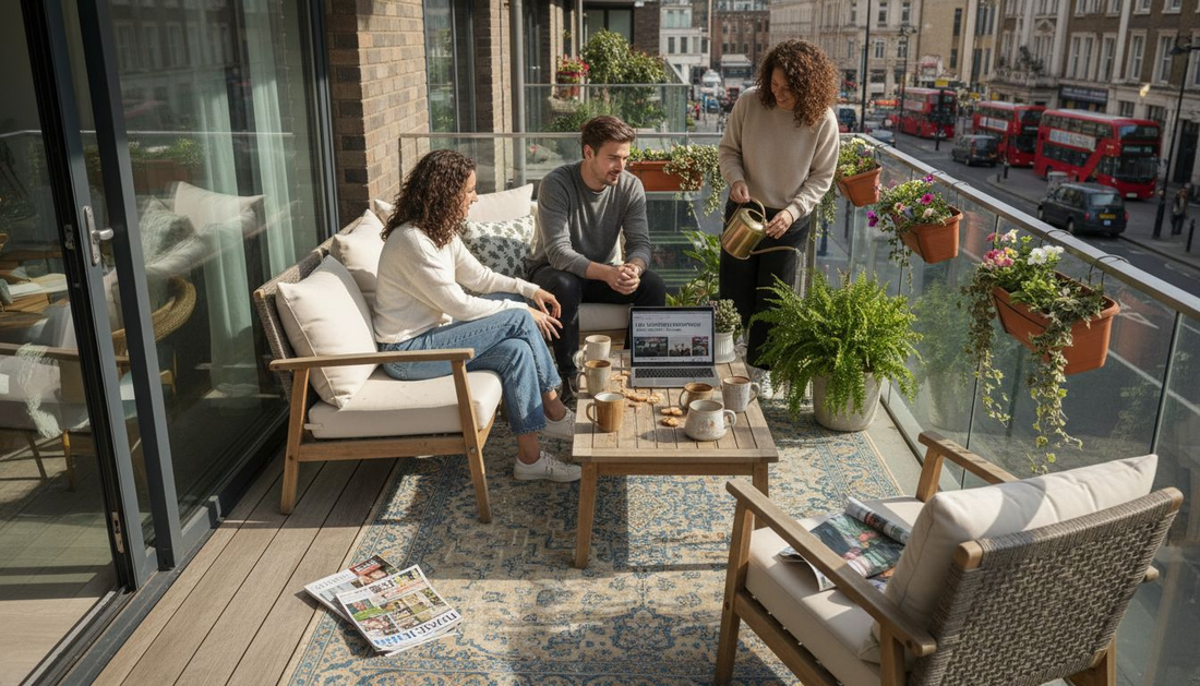Modern city balcony with outdoor furniture