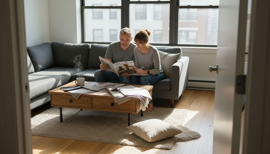 Couple planning sofa layout with fabric swatches