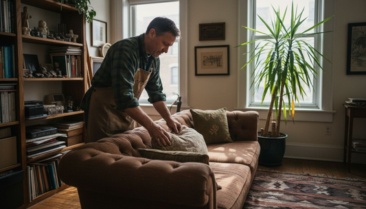 Craftsman arranging cushions on handmade sofa