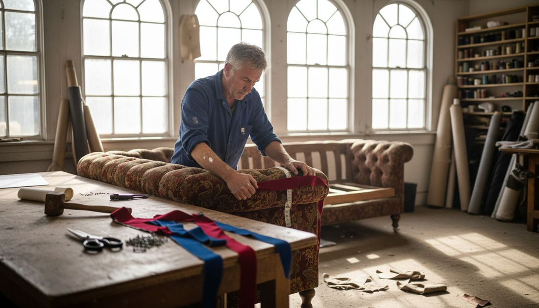 British upholsterer working on sofa in workshop