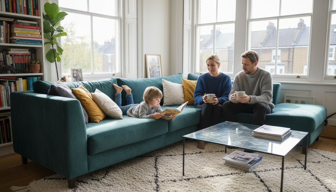 Family relaxing on designer sofa at home
