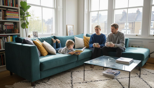 Family relaxing on designer sofa at home