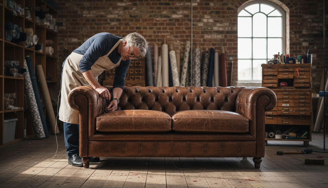 Craftsman inspecting luxury leather sofa in studio