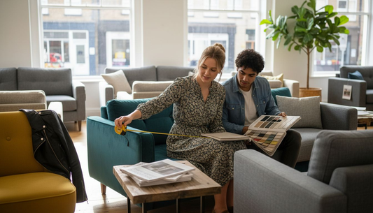 Couple reviewing sofas in furniture showroom