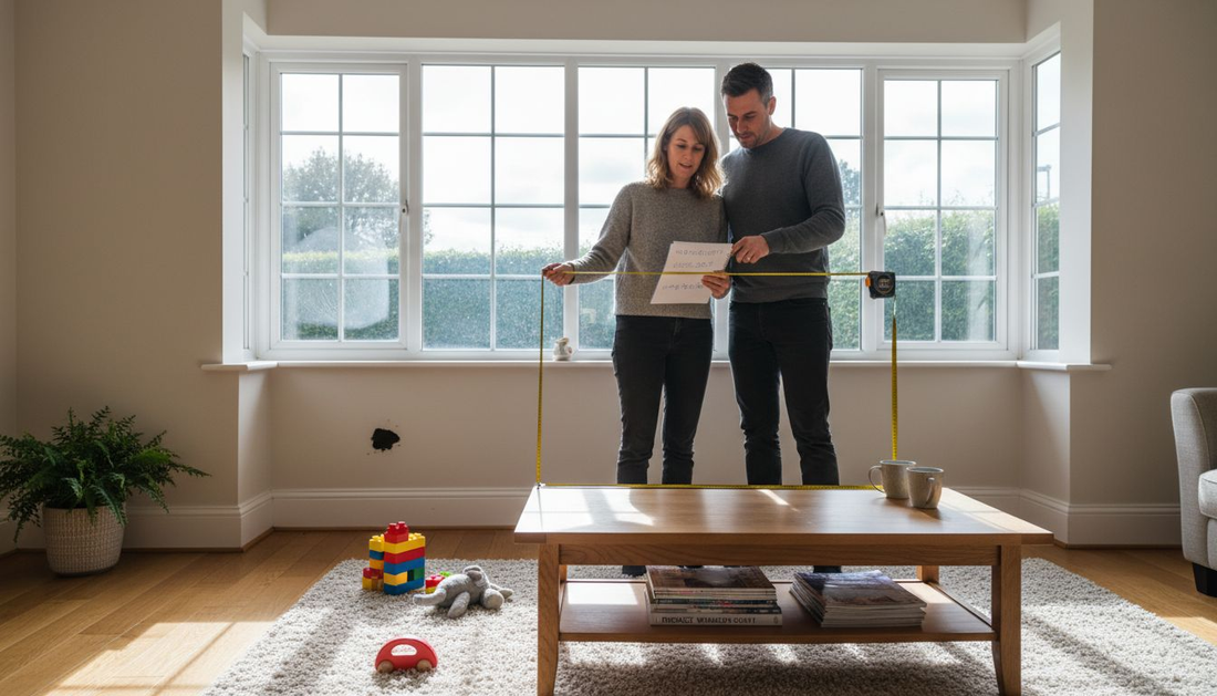 Couple measures living room space for new sofa