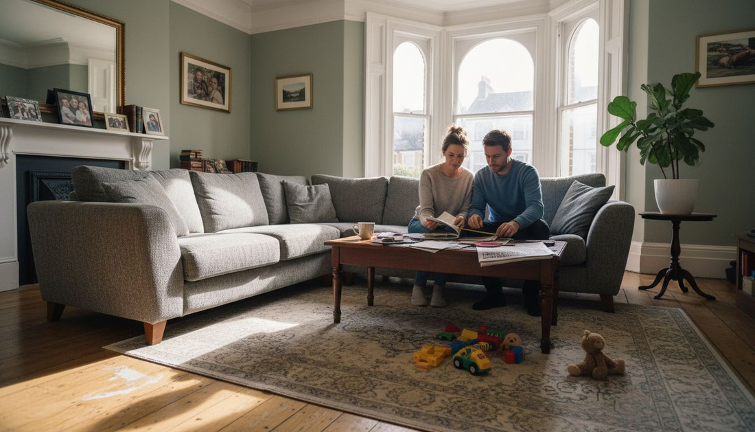 UK couple reviewing sofa options in living room