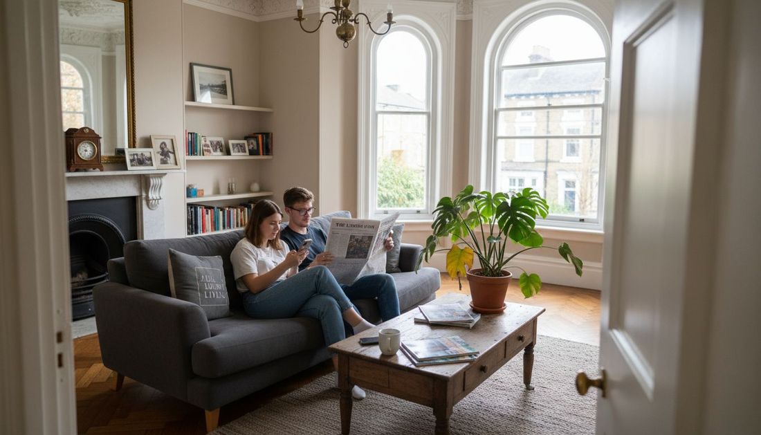 Couple enjoying branded sofa in sunlit living room