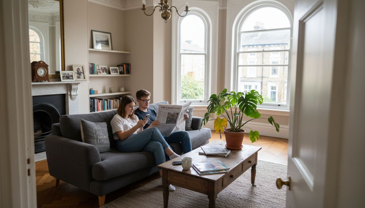 Couple enjoying branded sofa in sunlit living room