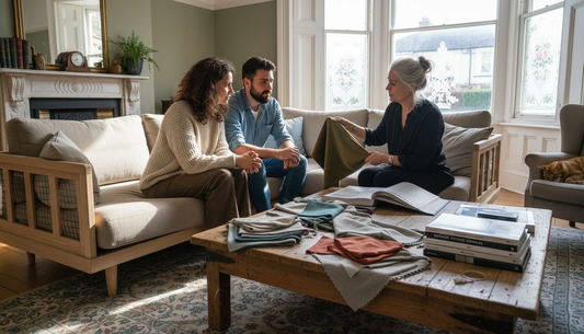 Couple choosing sofa fabrics in UK living room