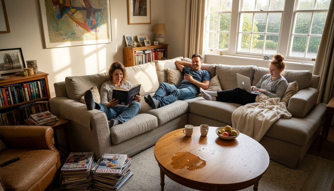 Family relaxing on quality sofa in sunny living room