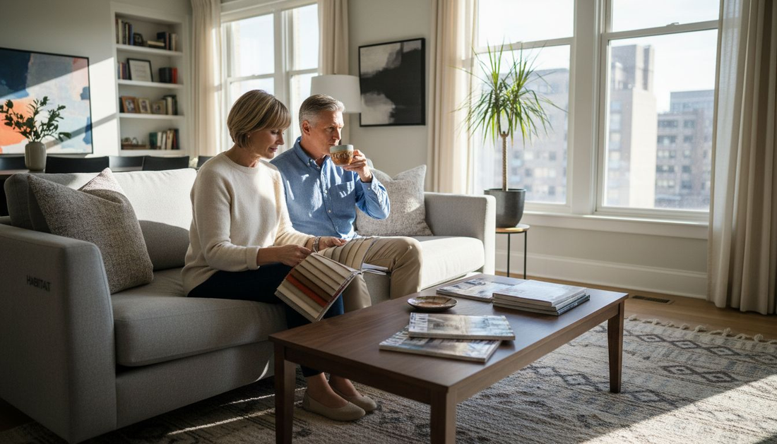Couple relaxing on luxury branded sofa in living room