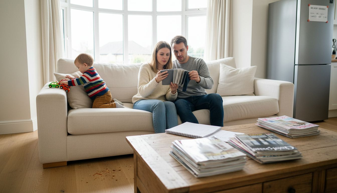 Family evaluating sofas in UK living room