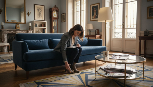 Woman measuring for luxury sofa placement