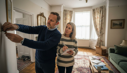 Couple measuring living room for new sofa