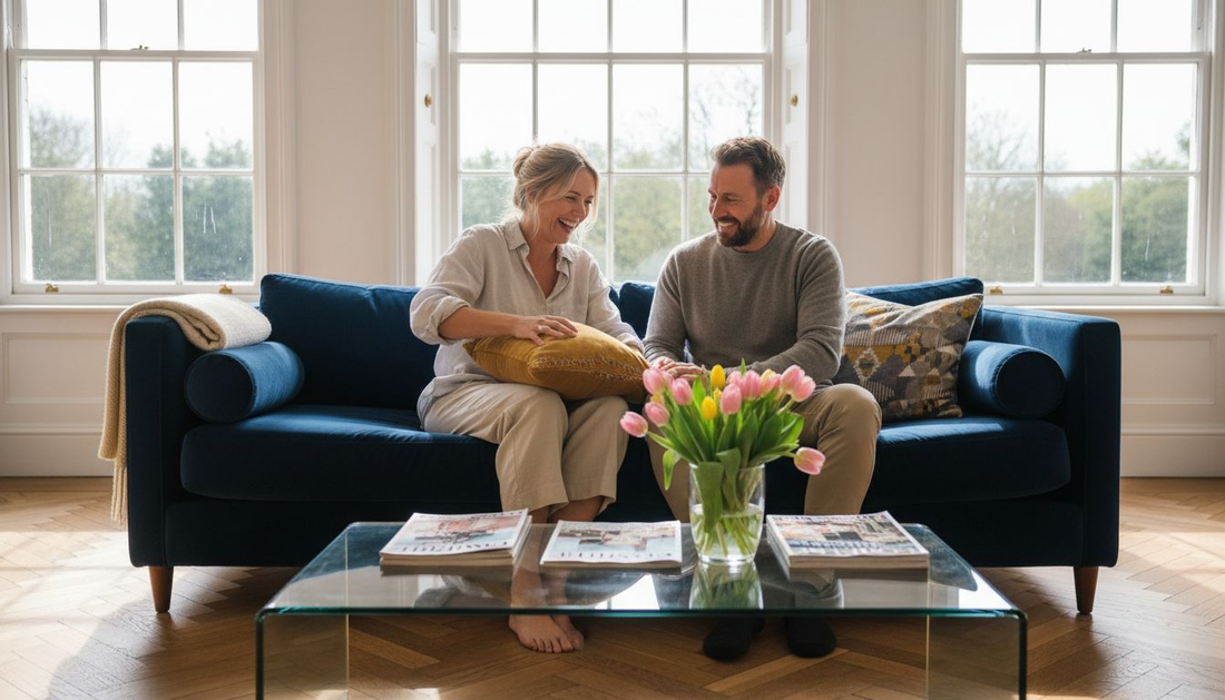 Couple styling bespoke sofa in airy living room
