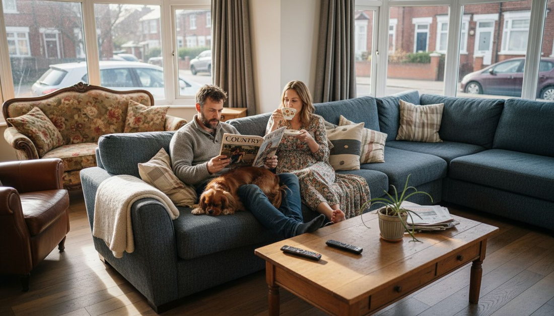 UK couple relaxing on variety of sofas