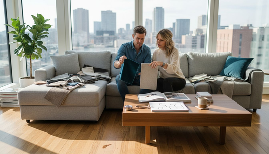 Couple choosing sofa materials at home