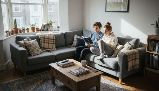 Couple relaxing on grey corner sofa
