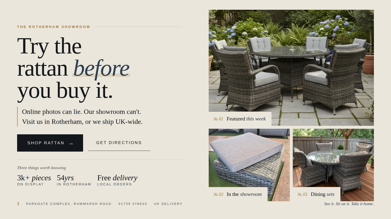 Try the rattan before you buy it Rotherham showroom slide