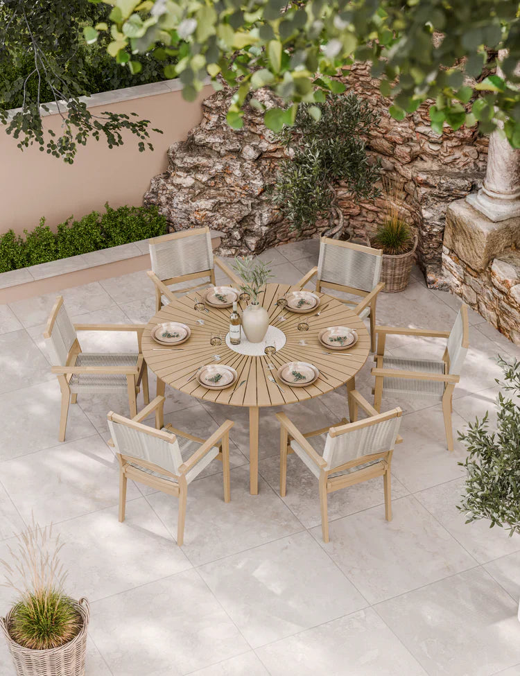 Royal Craft - Roma 6 Seater Round Sunray with Terrazzo Insert Dining Set with Roma Rope Stacking Chairs