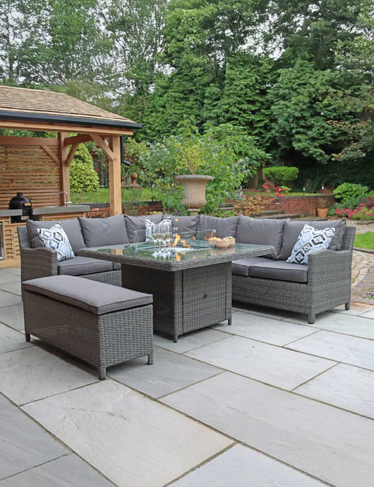 Royal Craft - Paris 8 Seater Deluxe Modular Corner Dining & Lounging Set -with Square Fire Pit Table