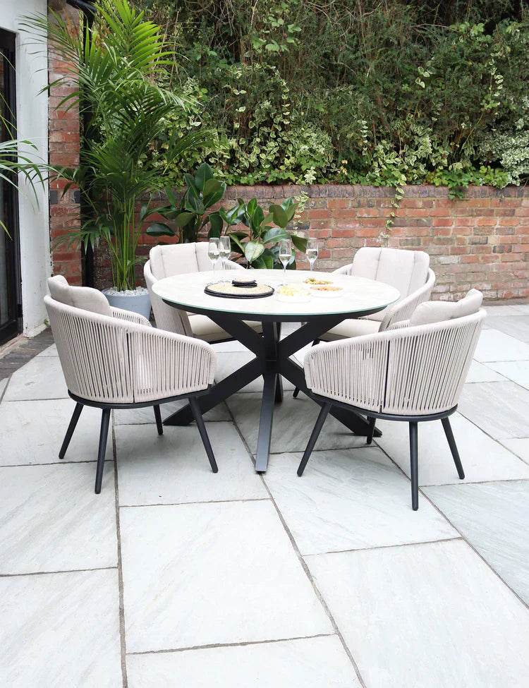 Royal Craft - Bali 4 Seater Round Ceramic Glass Dining Set with Bali Rope Chairs