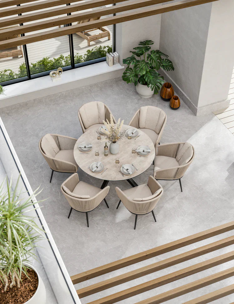 Royal Craft - Bali 6 Seater Round Ceramic Glass Dining Set with Bali Rope Chairs