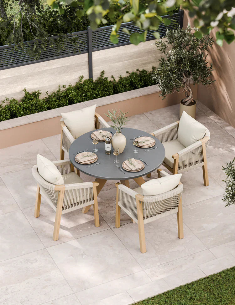 Royal Craft - Luna 4 Seater Round Concrete Table Dining Set with Roma Rope Dining Chairs