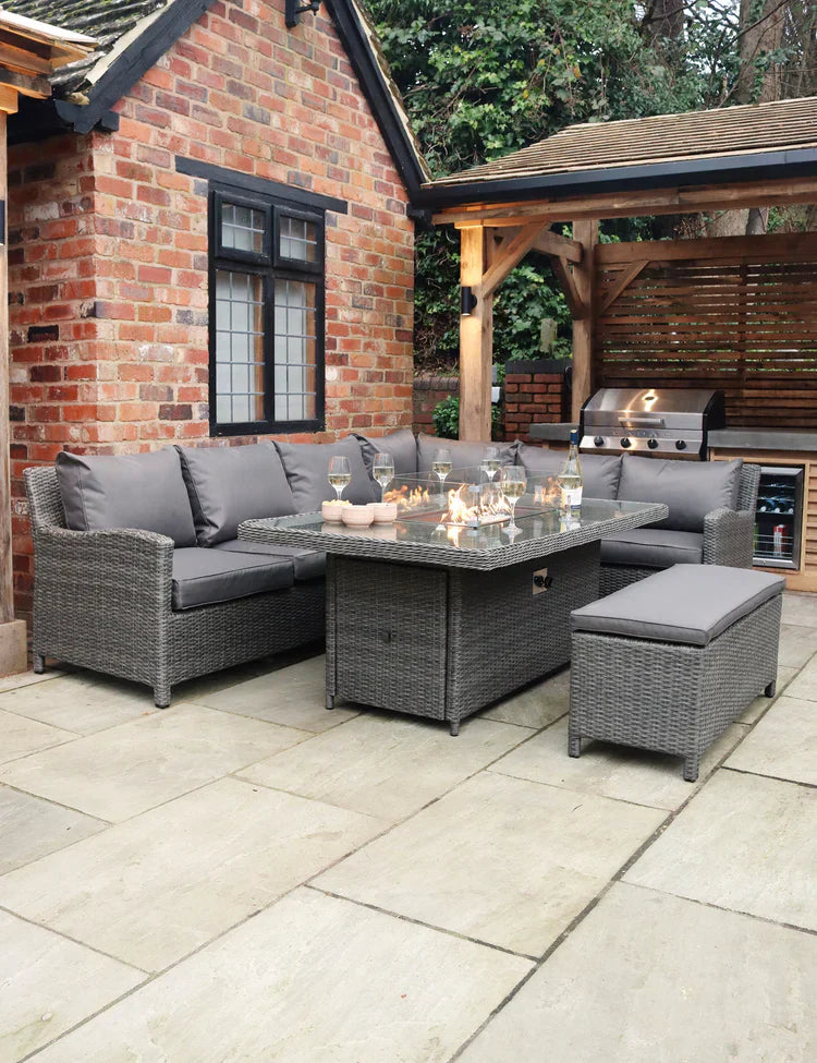 Royal Craft - Paris 8 Seater Deluxe Modular Corner Dining & Lounging Set with Rectangular Fire Pit Table