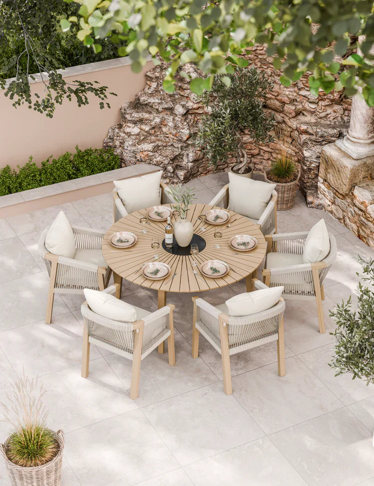 Royal Craft - Roma 6 Seater Round Sunray Dining Set with Black Granite Insert and Deluxe Rope Chairs