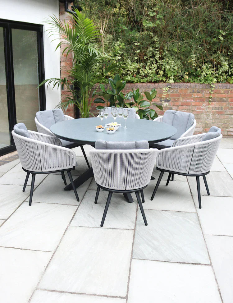 Royal Craft - Aspen 6 Seater Round Ceramic Glass Dining Set with Aspen Rope Chairs