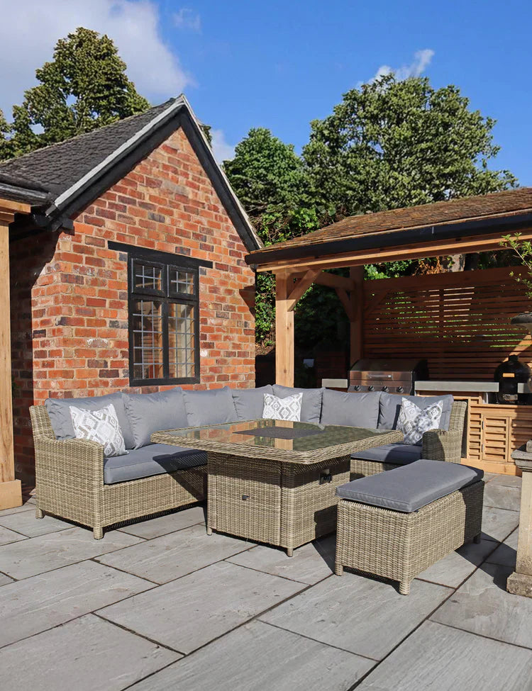 Royal Craft - Wentworth 8 Seater Deluxe Modular Corner Dining & Lounging Set with Square Fire Pit Table