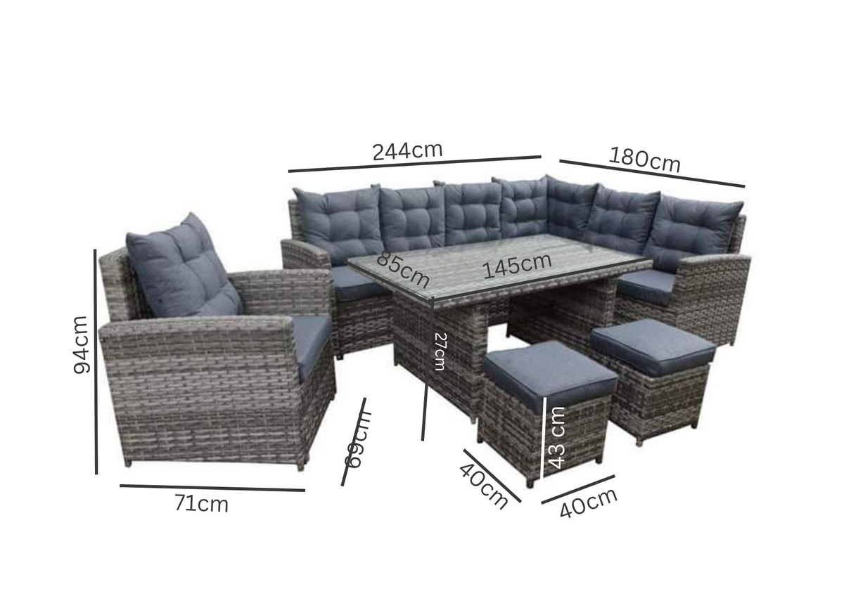 Skylar 8 Seater Rattan Corner Dining Sofa with Glass Table, Armchair & 2 Footstools