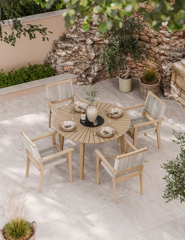 Royal Craft - Roma 4 Seater Round Sunray with Black Granite Insert Dining Set with Roma Rope Stacking Chairs