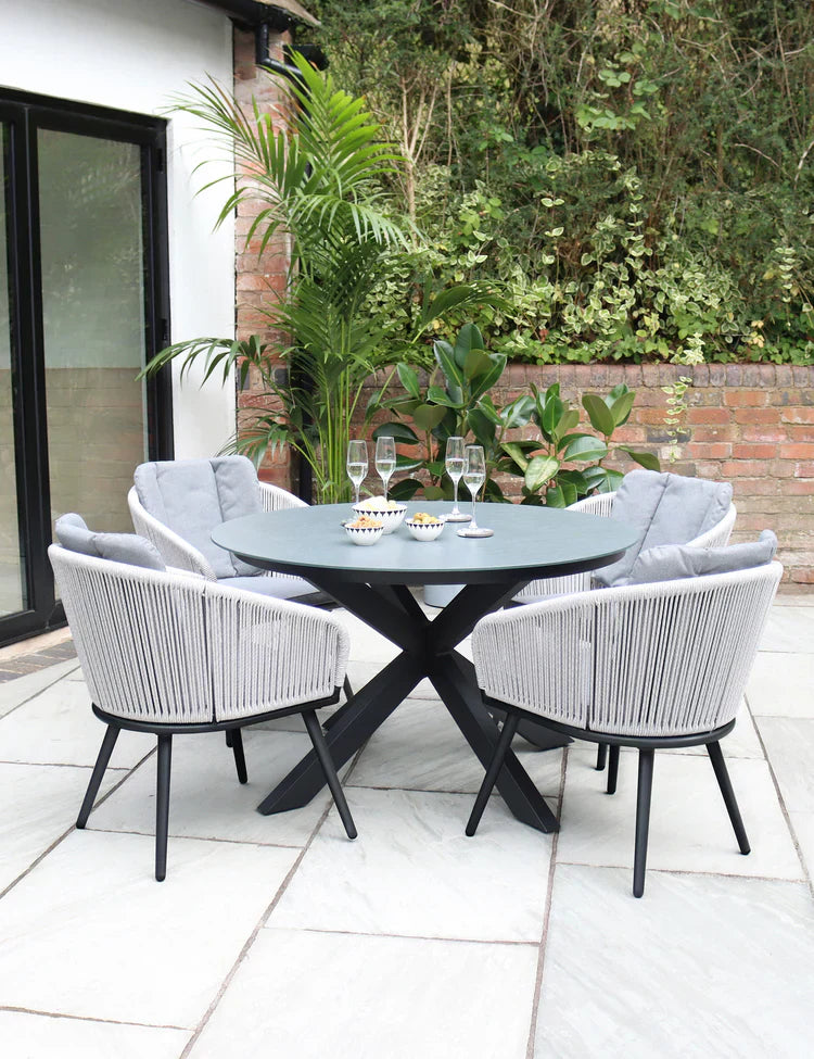 Royal Craft - Aspen 4 Seater Round Ceramic Glass Dining Set with Aspen Rope Chairs