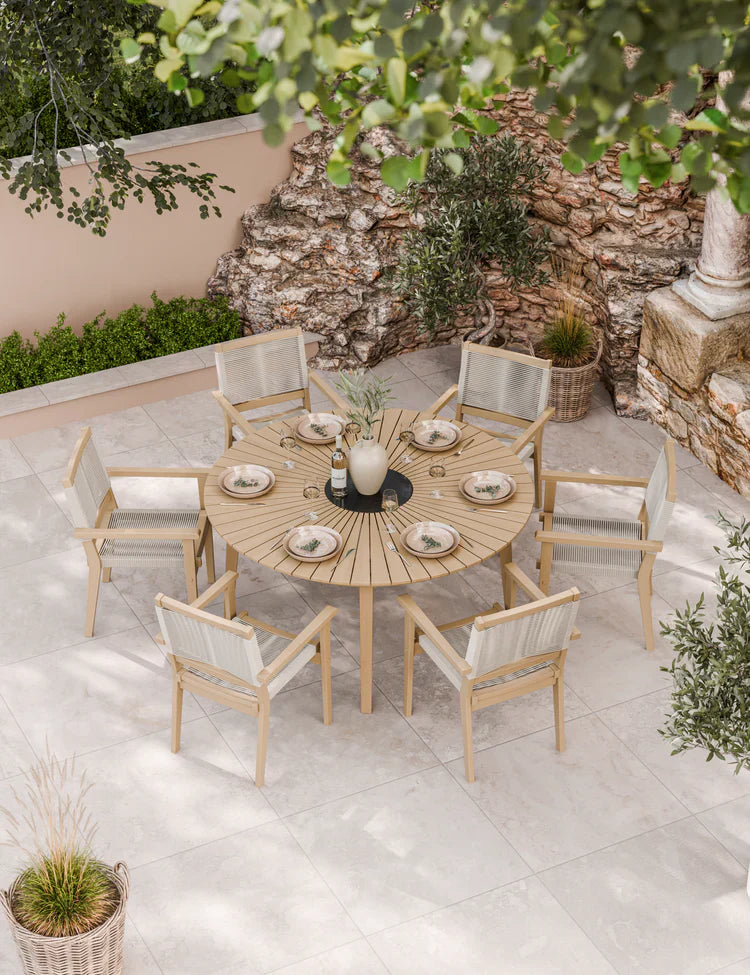 Royal Craft - Roma 6 Seater Round Sunray Dining Set with Black Granite Insert and Rope Stacking Chairs