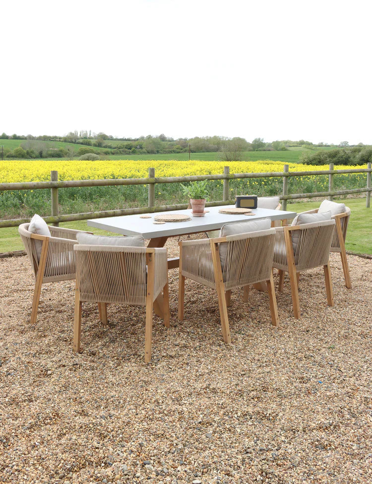 Royal Craft - Luna 6 Seater Rectangular Concrete Dining Set with Roma Rope Dining Chairs