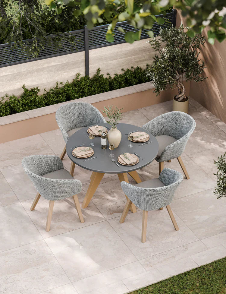 Royal Craft - Luna 4 Seater Round Concrete Dining Set with Sol Rattan Dining Chairs