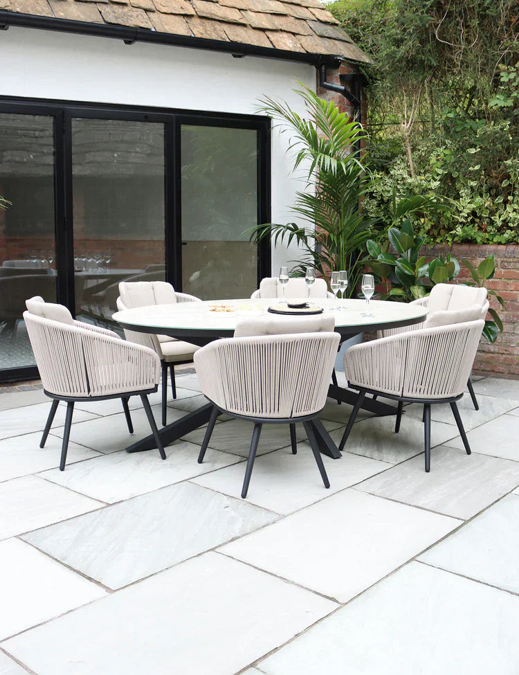 Royal Craft - Bali 6 Seater Ellipse Ceramic Glass Dining Set with Bali Rope Chairs