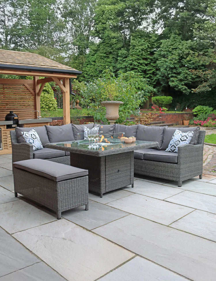 Royal Craft - Paris 8 Seater Deluxe Modular Corner Dining & Lounging Set -with Square Fire Pit Table