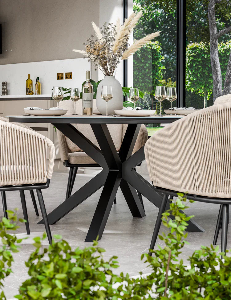 Royal Craft - Bali 6 Seater Round Ceramic Glass Dining Set with Bali Rope Chairs