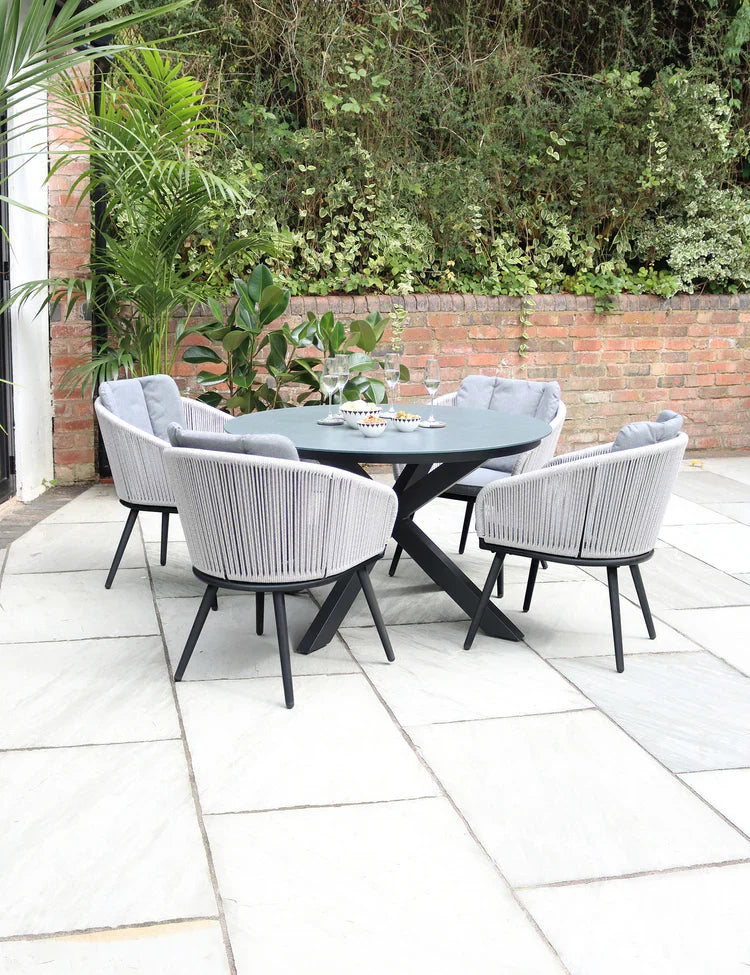 Royal Craft - Aspen 4 Seater Round Ceramic Glass Dining Set with Aspen Rope Chairs