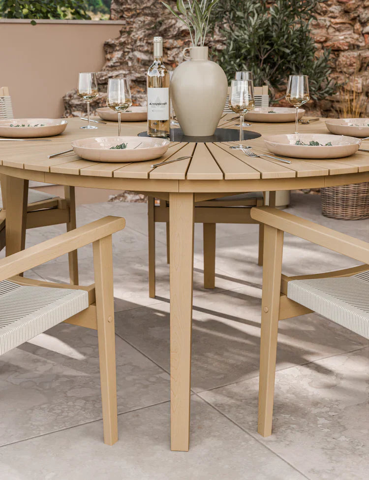 Royal Craft - Roma 6 Seater Round Sunray Dining Set with Black Granite Insert and Rope Stacking Chairs