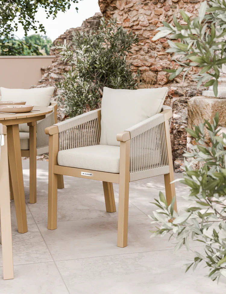Royal Craft - Roma 6 Seater Round Sunray Dining Set with Black Granite Insert and Deluxe Rope Chairs