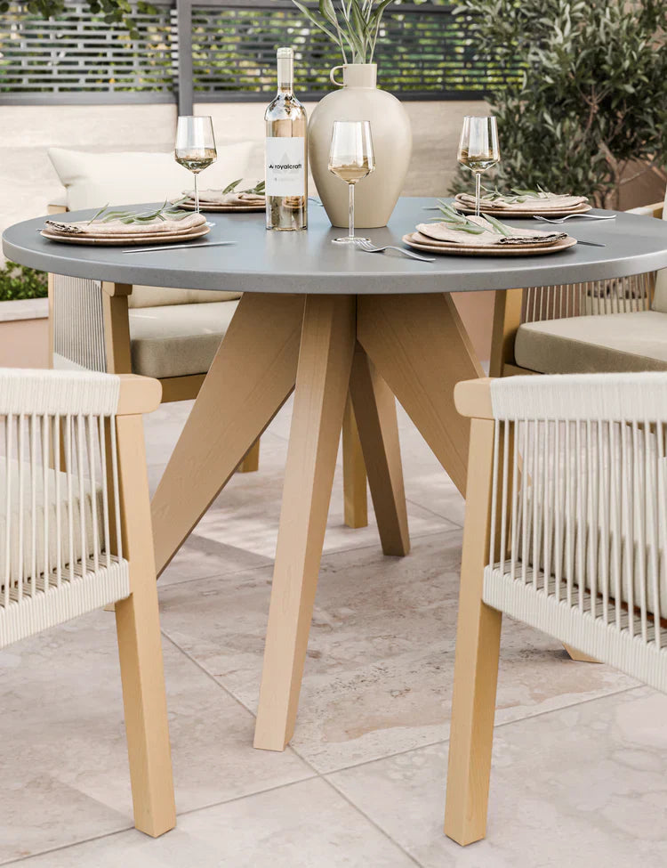 Royal Craft - Luna 4 Seater Round Concrete Table Dining Set with Roma Rope Dining Chairs