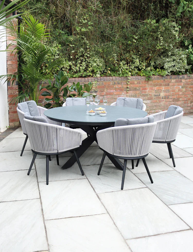 Royal Craft - Aspen 6 Seater Round Ceramic Glass Dining Set with Aspen Rope Chairs